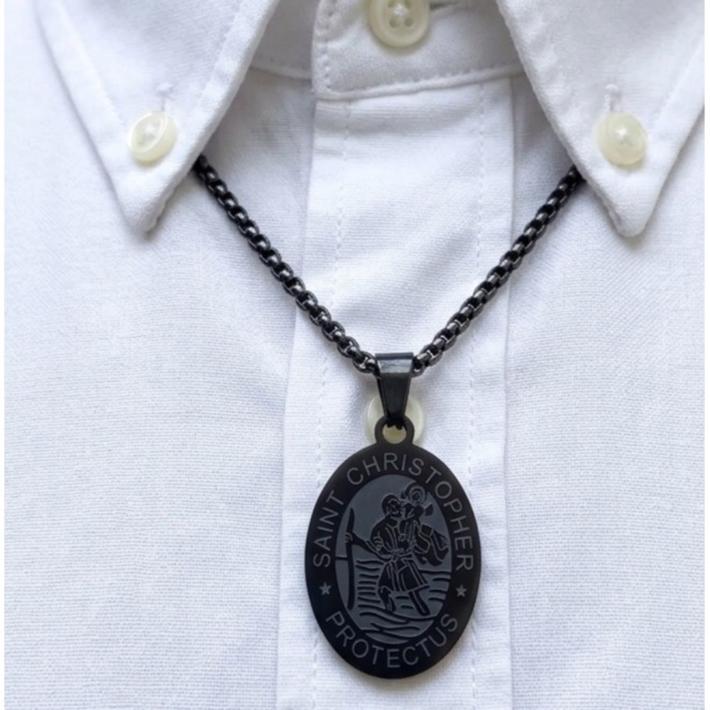Men's Black Stainless Steel Saint Christopher Pendant Necklace – Box Chain – NEW